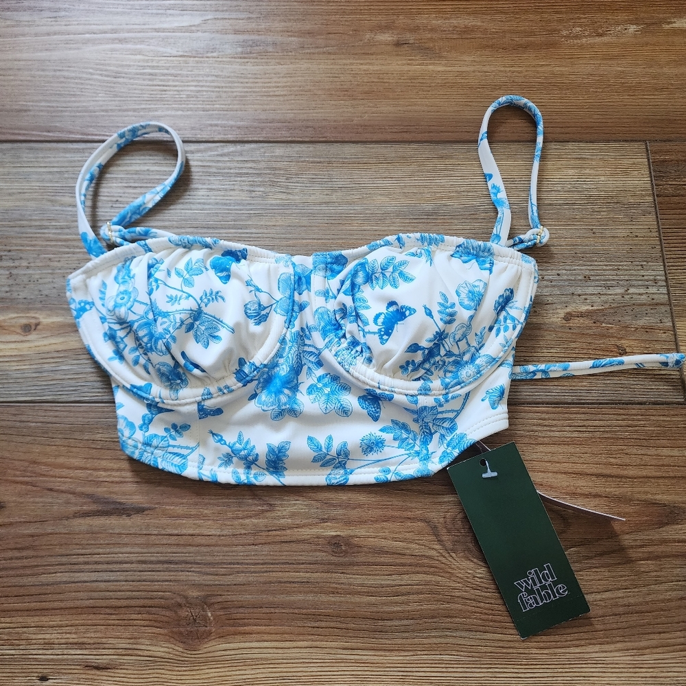 Wild Fable Corset Bikini Top Women's XXS Blue White Floral Butterfly NEW